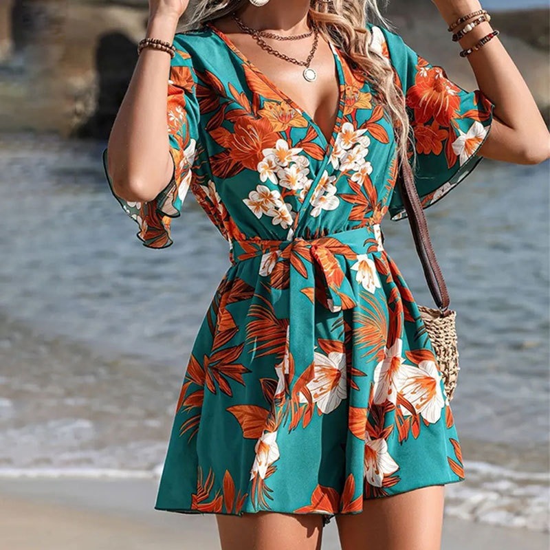 Women’s Romper – Floral Print – Wrap V-Neck – Ruffled Sleeves – Belted Short Fit Green