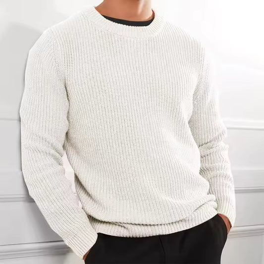 Men’s Knitted Sweater – Regular Fit – Wool Blend – O-Neck Ribbed Casual Pullover White
