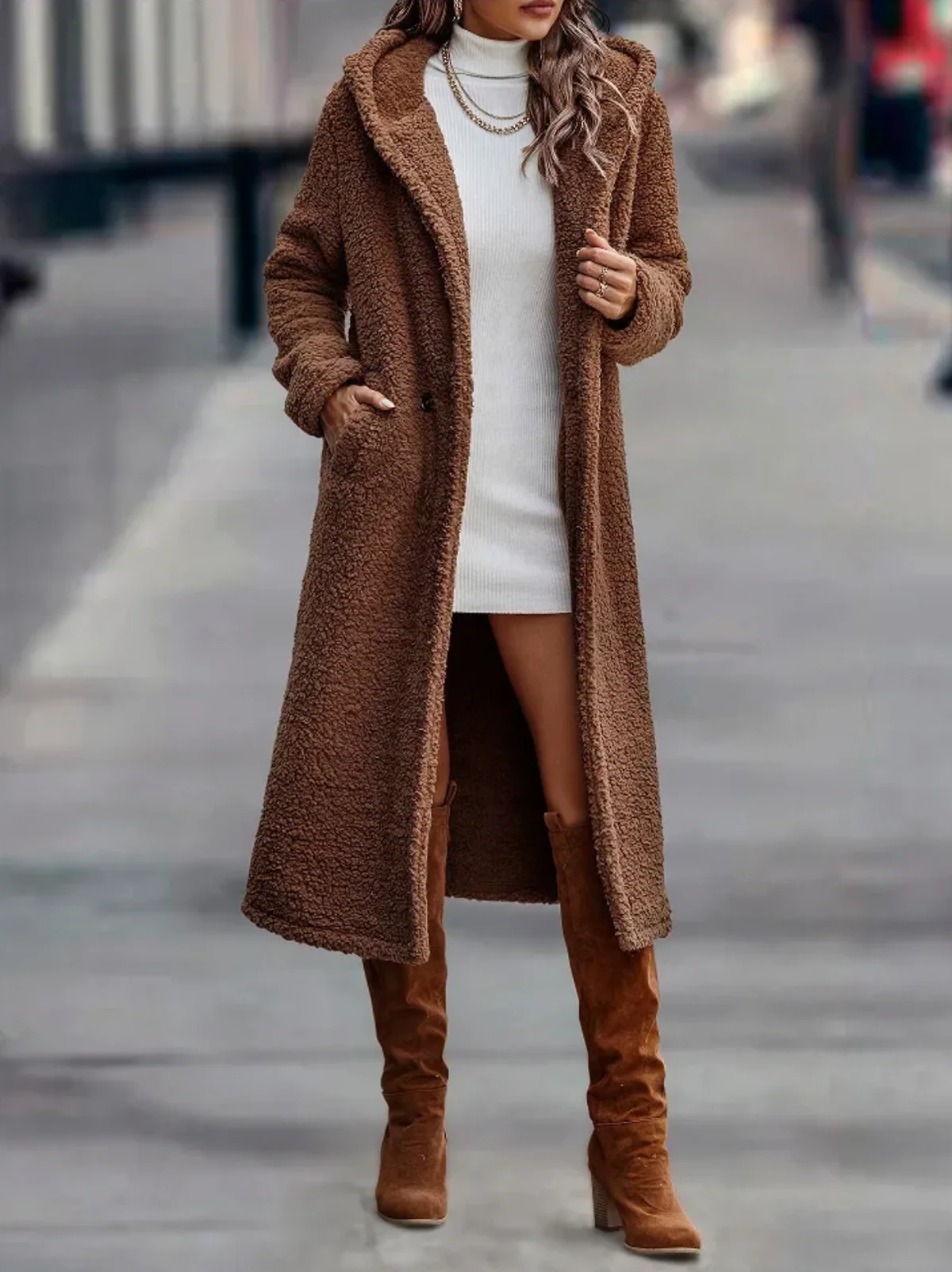 Women's Premium Teddy Overcoat - Cozy Hooded Calf Length - CloudWrap Dark Brown