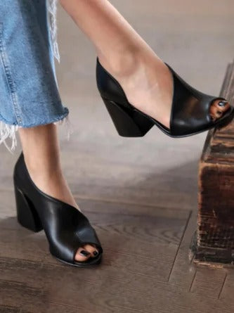 Women’s Block Heel Flats – Open Toe – Slip-On Style – Minimalist Sleek Design Black