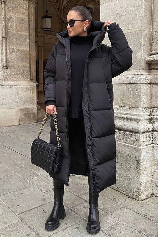 Women's Oversized Quilted Puffer Coat Full Length Hooded - WinterEase Black
