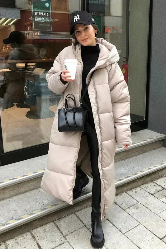 Women's Oversized Quilted Puffer Coat Full Length Hooded - WinterEase Cream