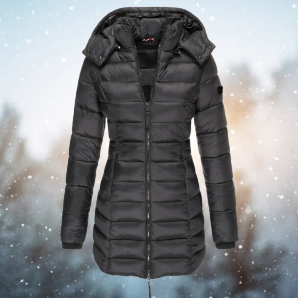 Women’s Puffer Jacket – Slim Fit – Long Length – Quilted Insulation – Detachable Hood Black
