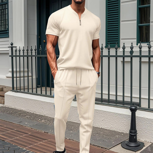 Men’s Fitness Set – Slim Fit – Stretch Fabric – Zipped Top and Joggers Khaki