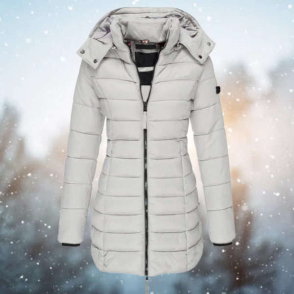 Women’s Puffer Jacket – Slim Fit – Long Length – Quilted Insulation – Detachable Hood White