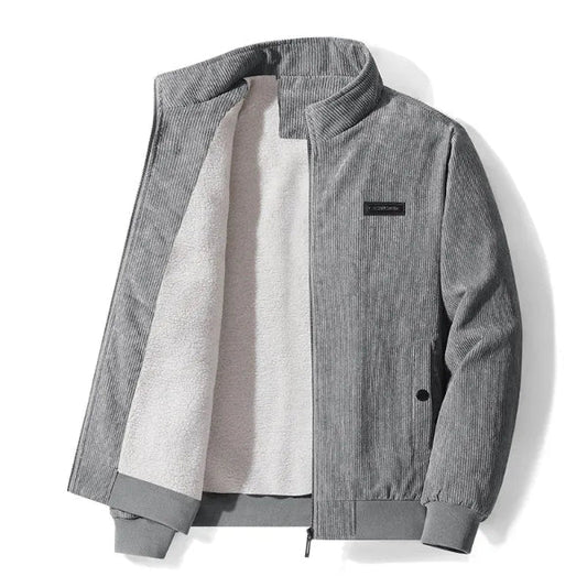 Men’s Jacket – Corduroy Texture – Fleece Lined – Casual Fit – Zip Closure – Stand Collar Grey