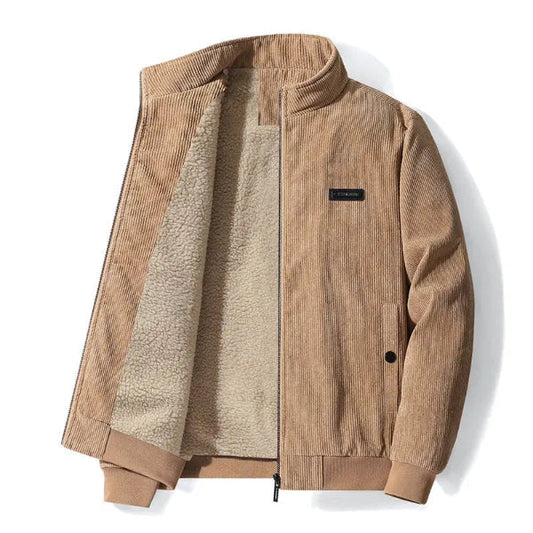 Men’s Jacket – Corduroy Texture – Fleece Lined – Casual Fit – Zip Closure – Stand Collar Brown