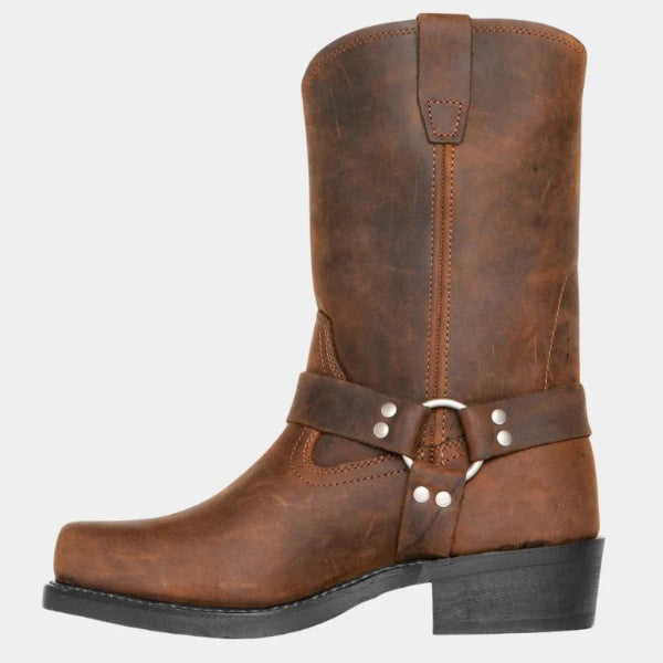 Women’s Mid-Calf Boots – Leather Harness – Buckle Detail – Studded Strap Dark Brown
