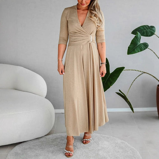 Women’s Maxi Dress – Fit and Flare – V-Neck Wrap with Buckle – Three-Quarter Sleeve Off White