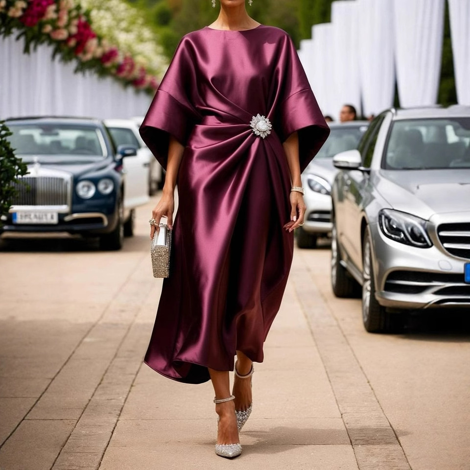 Women’s Midi Dress – Satin Finish – Relaxed Fit – Draped Design – Brooch Detail Claret