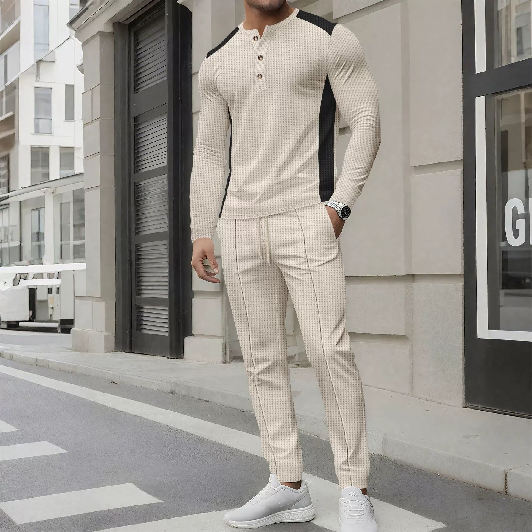 Men’s Two-Piece Set – Slim Fit Henley Shirt and Pants – Waffle Knit – Long Sleeve Khaki