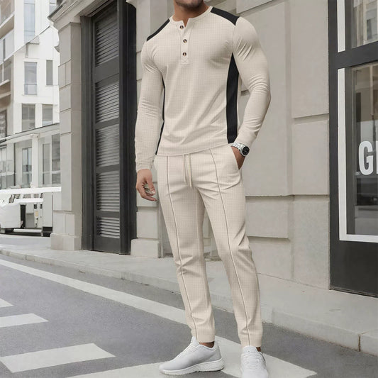 Men’s Two-Piece Set – Slim Fit Henley Shirt and Pants – Waffle Knit – Long Sleeve Khaki