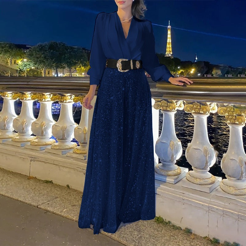 Women’s Jumpsuit – Tailored Fit – V-Neck – Sequin Wide Leg – Long Sleeve Blue