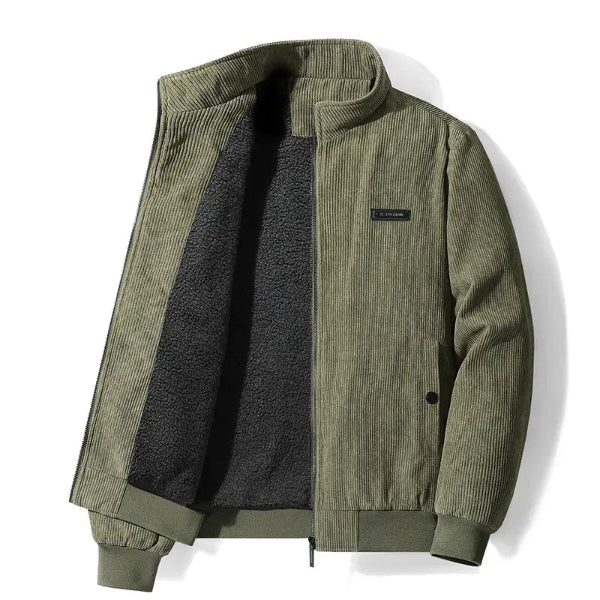 Men’s Jacket – Corduroy Texture – Fleece Lined – Casual Fit – Zip Closure – Stand Collar Green