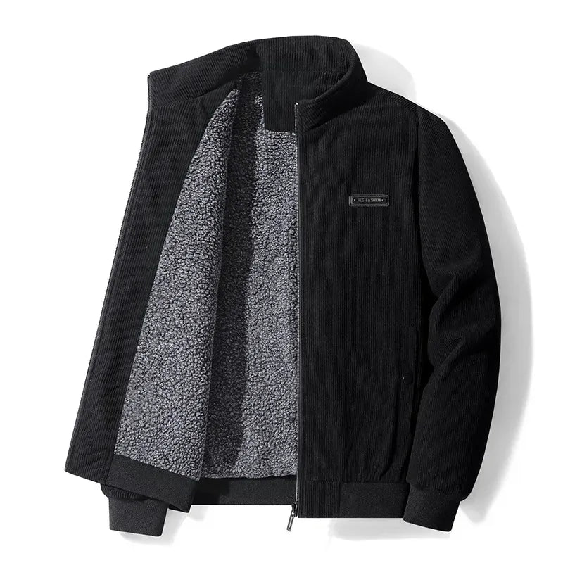 Men’s Jacket – Corduroy Texture – Fleece Lined – Casual Fit – Zip Closure – Stand Collar Black