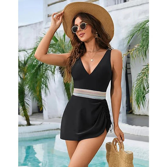 Women’s One-Piece Swimsuit – V-Neck – Ruched Sides – Waistband – Stretch Fit Black