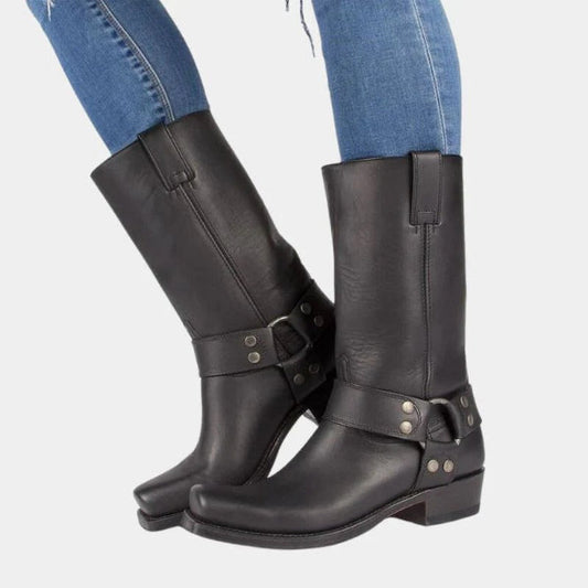 Women’s Mid-Calf Boots – Leather Harness – Buckle Detail – Studded Strap Black