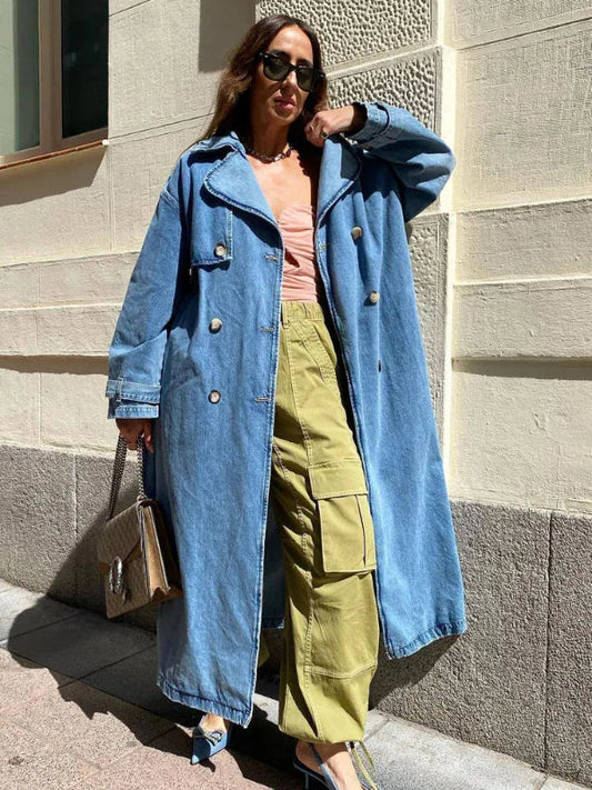 Women’s Trench Coat – Oversized Fit – Denim Texture – Full Length – Button Front Blue