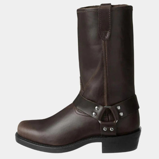 Women’s Mid-Calf Boots – Leather Harness – Buckle Detail – Studded Strap Brown