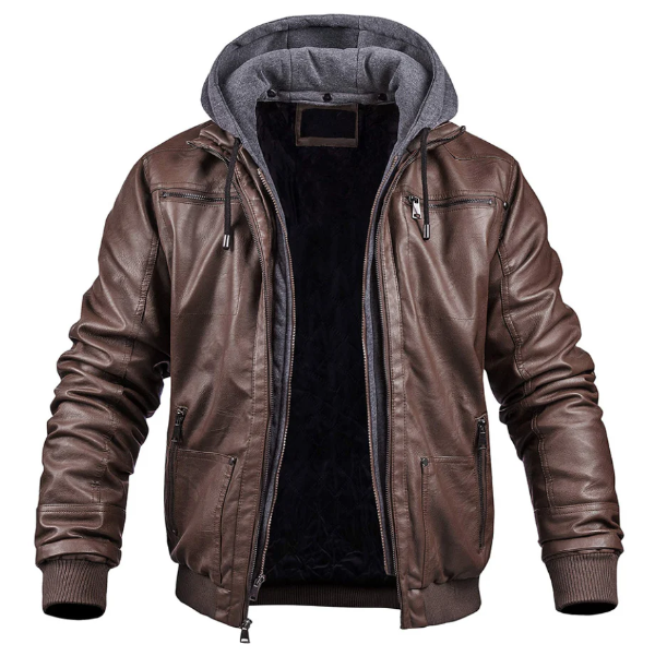 Men’s Leather Jacket – Slim Fit – Hooded with Drawstring – Zip Front – Ribbed Hem Dark Brown