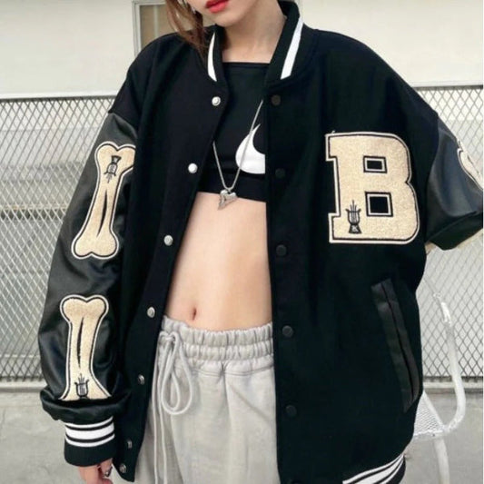 Women’s Varsity Bomber Jacket – Relaxed Fit – Wool Blend – Faux Leather Sleeves – Graphic Patches Black