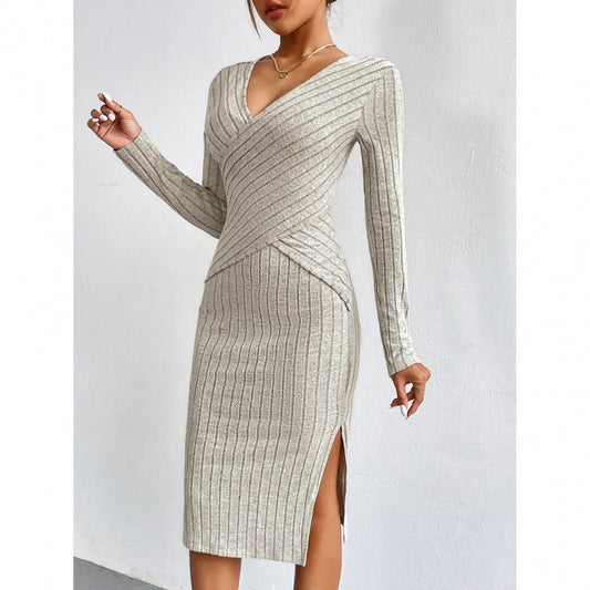 Women’s Midi Dress – Ribbed Knit – Slim Fit Wrap – Long Sleeve – Side Slit Khaki