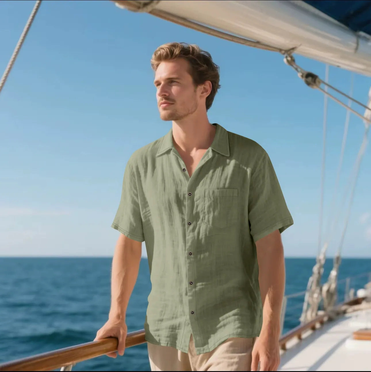 Men's Linen Shirt Relaxed Fit - Breezy Short Sleeve - CoastalCool Army Green