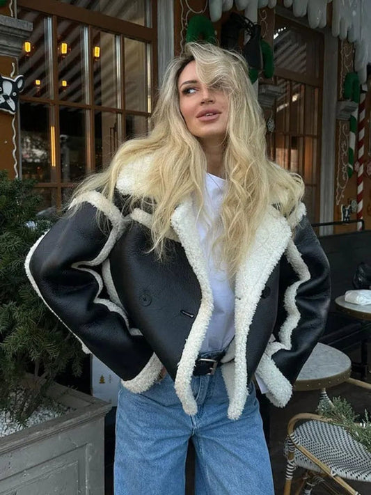 Women's Faux Leather Cropped Jacket Oversized Fit - Shearling Chic Black