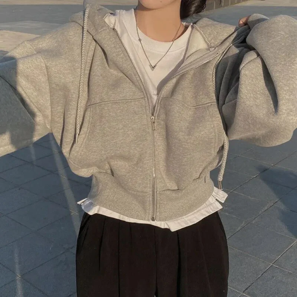 Women’s Cropped Zip-Up Hoodie – Oversized Fit – Cotton Blend – Drawstring and Pockets Light Grey