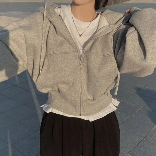 Women’s Cropped Zip-Up Hoodie – Oversized Fit – Cotton Blend – Drawstring and Pockets Light Grey