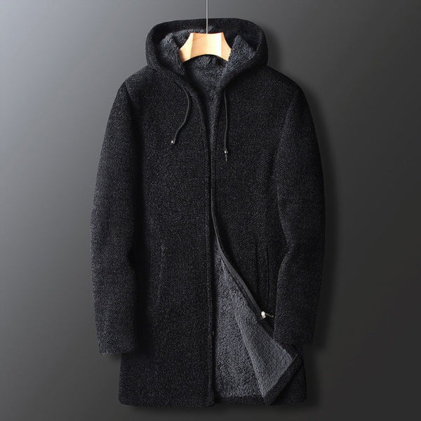 Men’s Hooded Jacket – Relaxed Fit – Textured Fleece – Zip Front Black