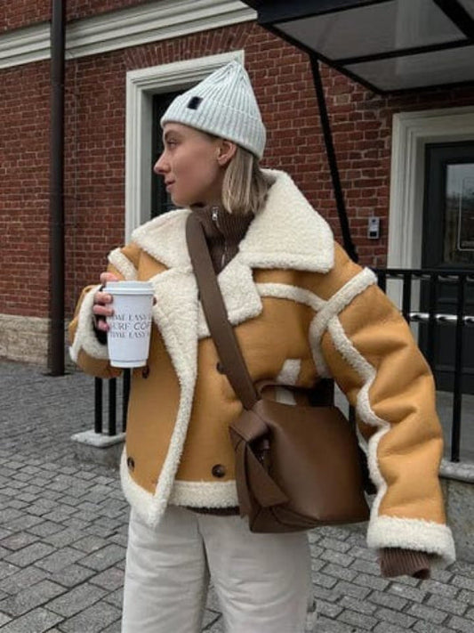 Women's Faux Leather Cropped Jacket Oversized Fit - Shearling Chic Brown