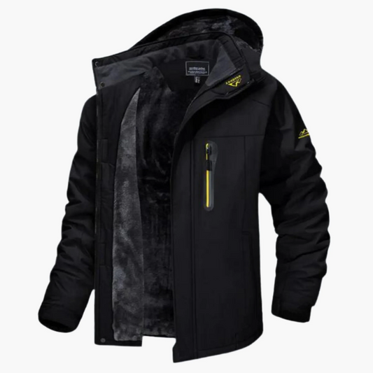 Men’s Outdoor Jacket – Waterproof Hooded – Fleece Lined – Casual Fit – Zipped Pocket Black