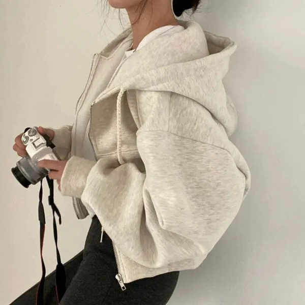 Women’s Cropped Zip-Up Hoodie – Oversized Fit – Cotton Blend – Drawstring and Pockets Grey