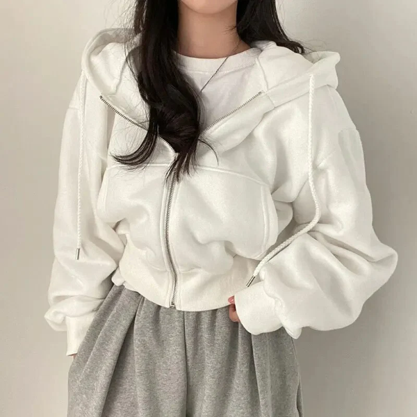 Women’s Cropped Zip-Up Hoodie – Oversized Fit – Cotton Blend – Drawstring and Pockets White