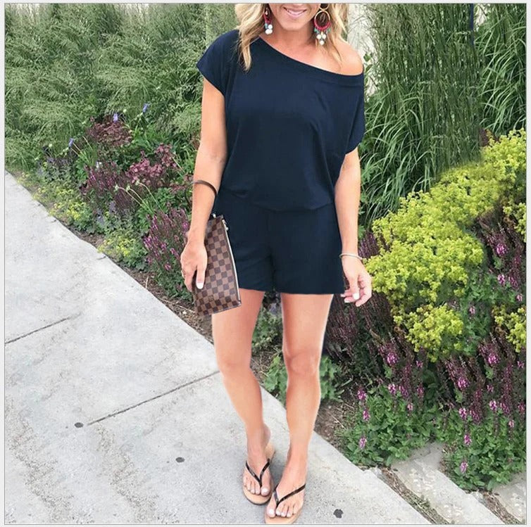 Women’s One-Piece Romper – Off-Shoulder – Relaxed Fit – Breathable Lightweight Fabric Blue