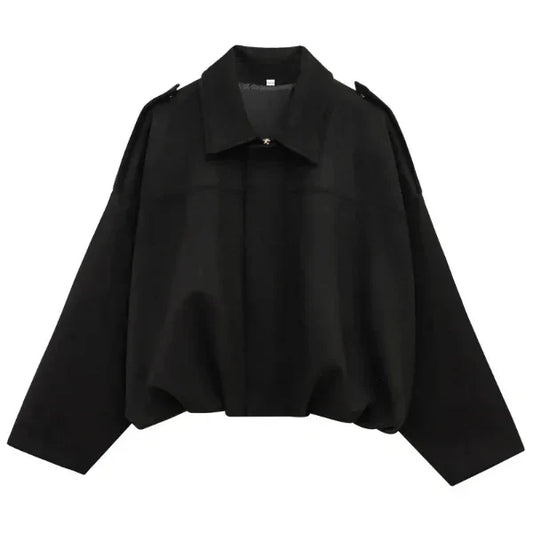 Women’s Bomber Jacket – Cropped Fit – Lapel Collar – Zip Front – Elastic Hem – Epaulettes Black