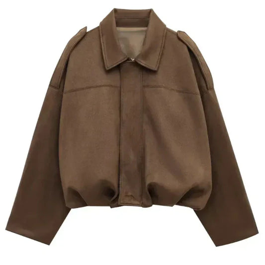 Women’s Bomber Jacket – Cropped Fit – Lapel Collar – Zip Front – Elastic Hem – Epaulettes Brown