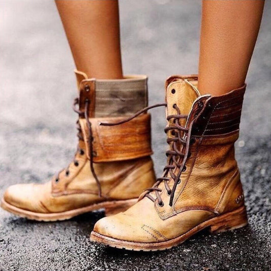 Women’s Ankle Boots – Leather Look – Lace-Up – Fold-Over Cuff – Rugged Sole Brown