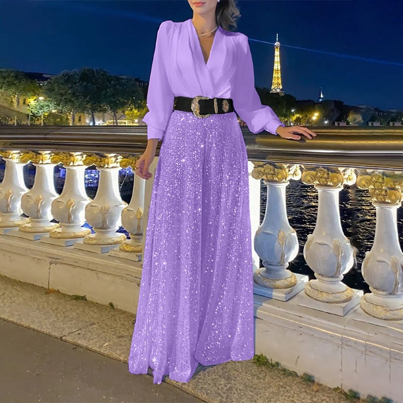 Women’s Jumpsuit – Tailored Fit – V-Neck – Sequin Wide Leg – Long Sleeve Purple