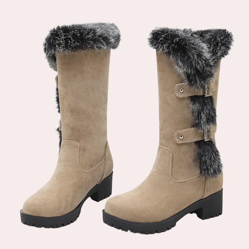 Women's Suede Knee-High Boots Faux Fur Trim - WinterGlow Beige