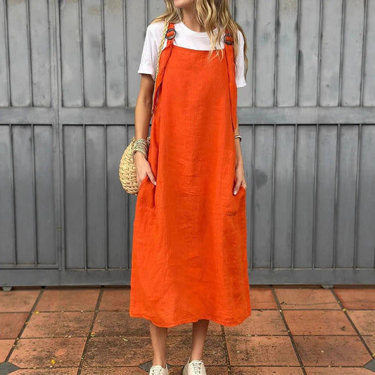 Women’s Midi Dress – Relaxed Fit – Adjustable Straps – Front Pockets Coral