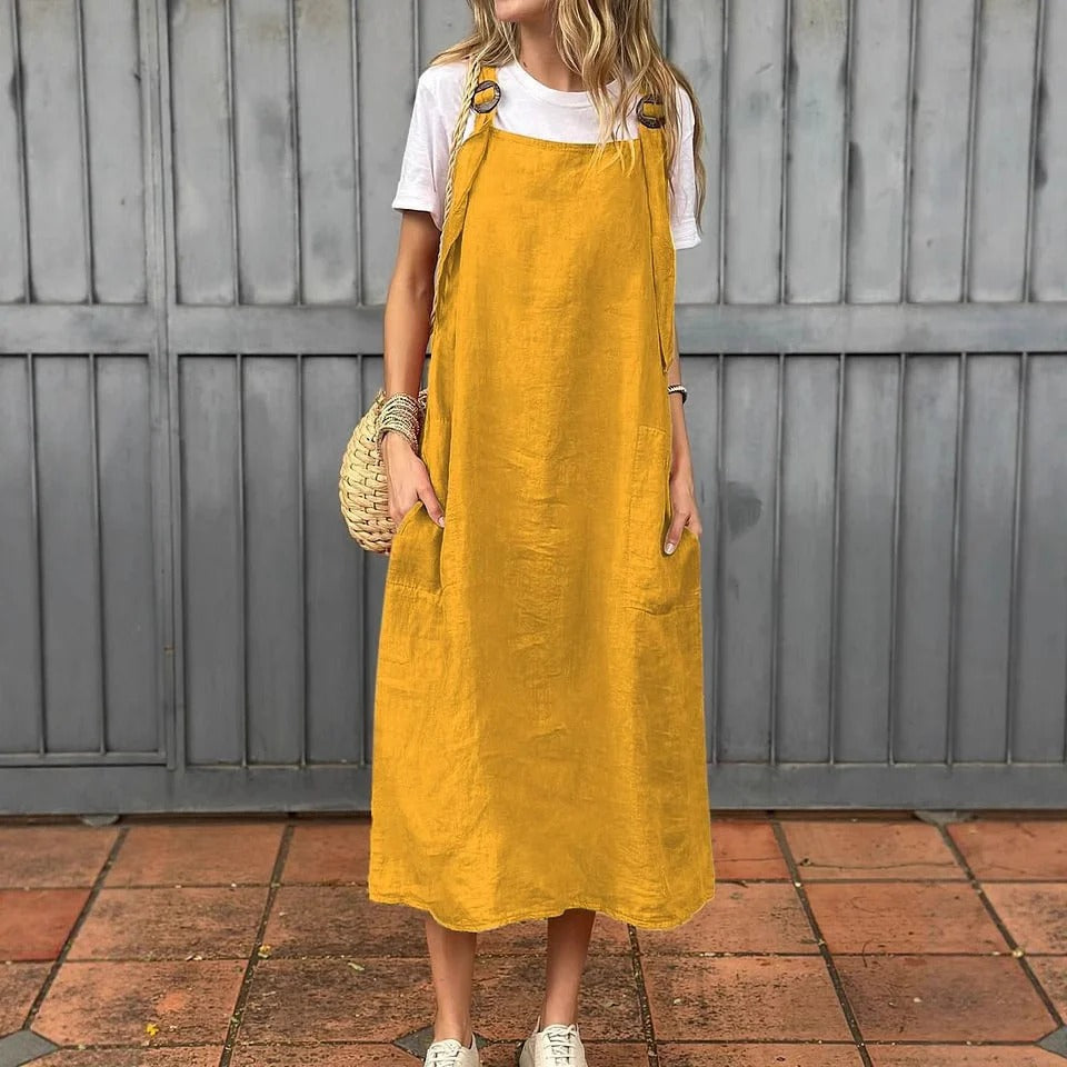Women’s Midi Dress – Relaxed Fit – Adjustable Straps – Front Pockets Yellow