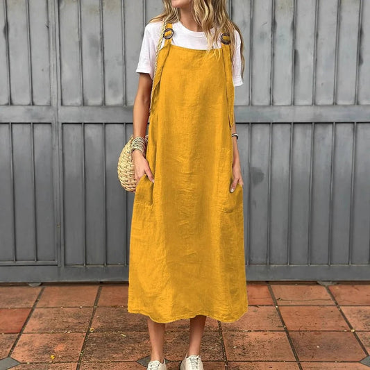 Women’s Midi Dress – Relaxed Fit – Adjustable Straps – Front Pockets Yellow