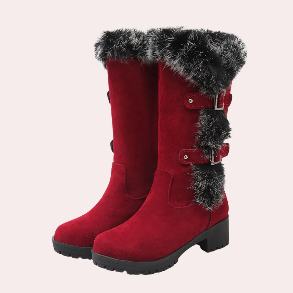 Women's Suede Knee-High Boots Faux Fur Trim - WinterGlow Red