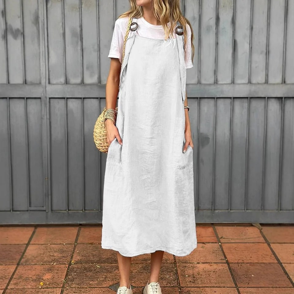 Women’s Midi Dress – Relaxed Fit – Adjustable Straps – Front Pockets White