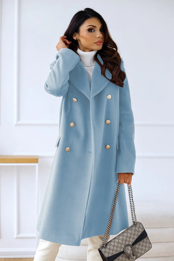 Women’s Trench Coat – Wool – Tailored Fit – Double-Breasted – Full Length Sky Blue