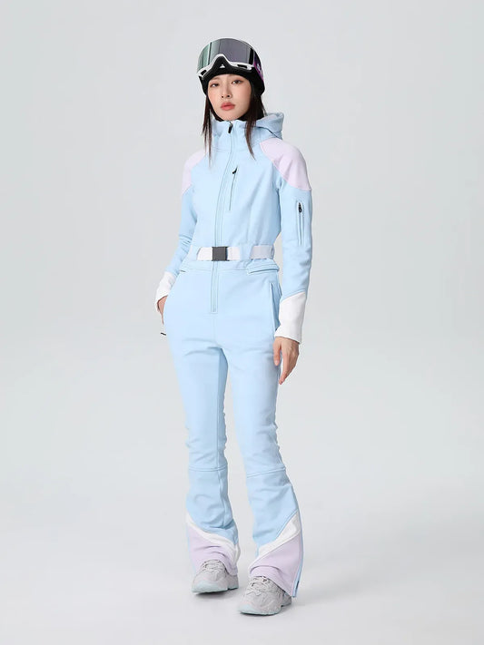Women’s Ski Suit – Tailored Fit – One-Piece Hooded – Belted Waist – Zip Pockets Blue