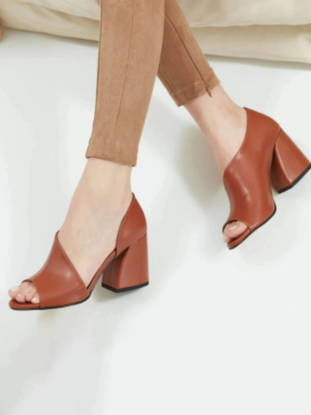Women’s Block Heel Flats – Open Toe – Slip-On Style – Minimalist Sleek Design Dark Brown