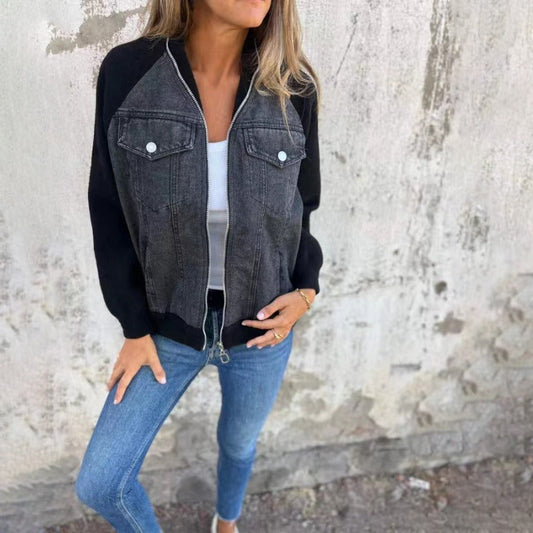 Women’s Denim Jacket – Relaxed Fit – Patchwork Design – Button Front Casual Layer Black